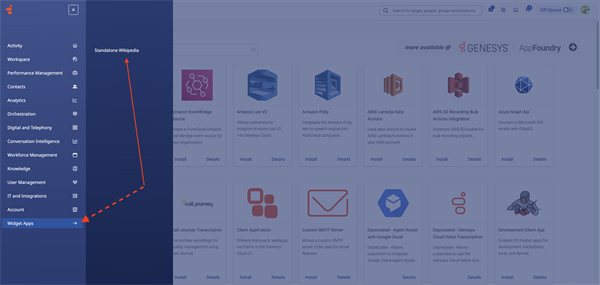 Integration of a standalone app into the bottom of the left-hand menu.